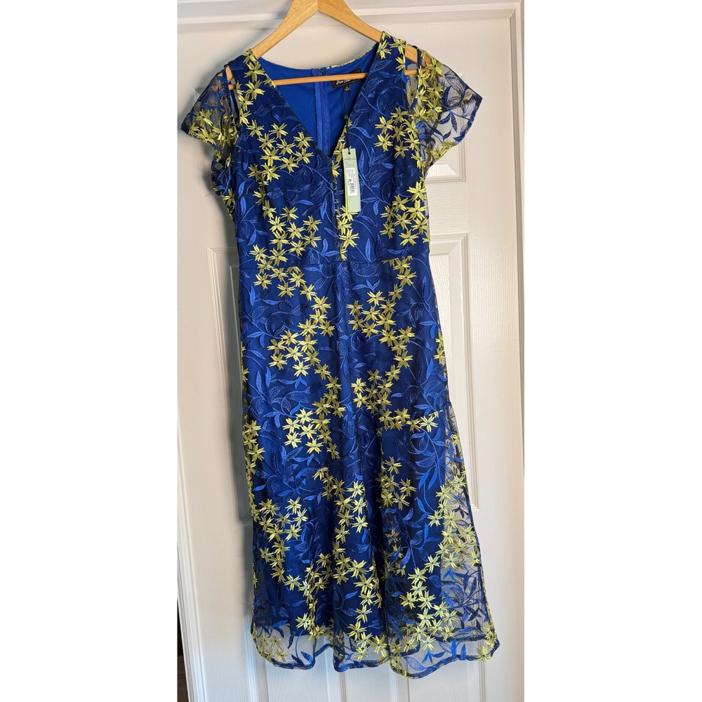 Sam Edelman Forsythia Embroidery Dress Women 10 Blue Yellow Floral Midi NEW
